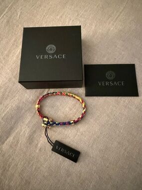 Versace Rainbow Braided Leather Bracelet with Gold Medusa Accent